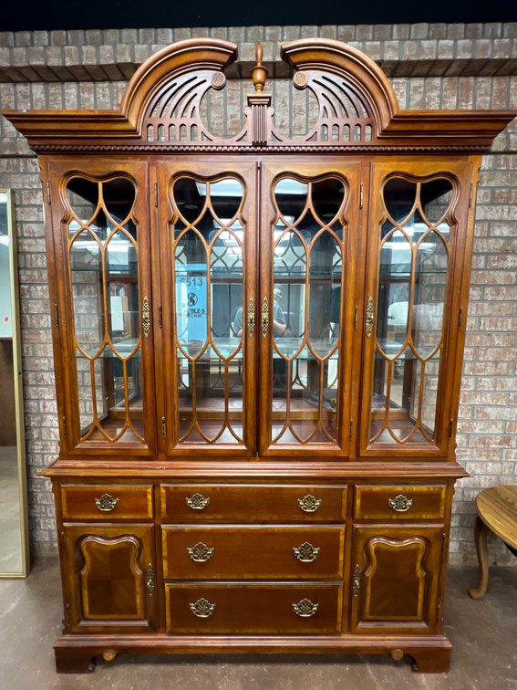 Mahogany China Cabinet with Glass Doors and Drawers, 84” x 61”