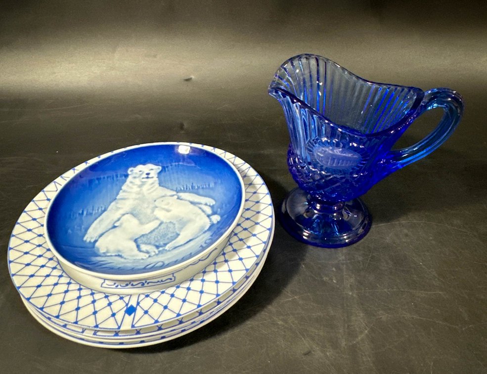 Danish Plates and Cobalt Blue Glass Pitcher
