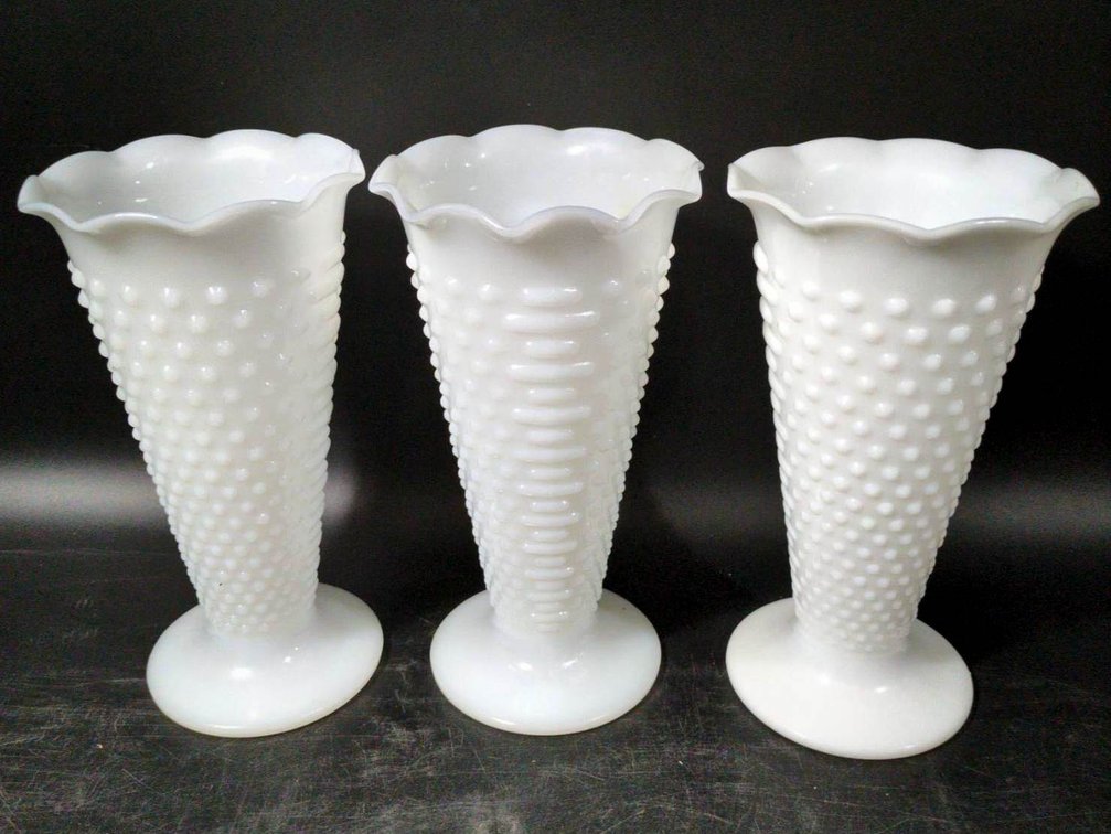 3 White Milk Glass Hobnail Vases with Scalloped Edges