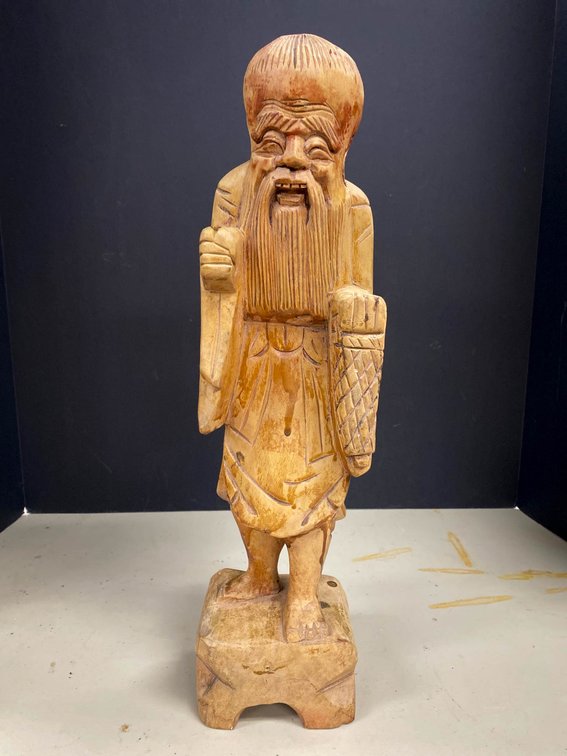 Hand-Carved Wooden Figure of Bearded Man on Pedestal