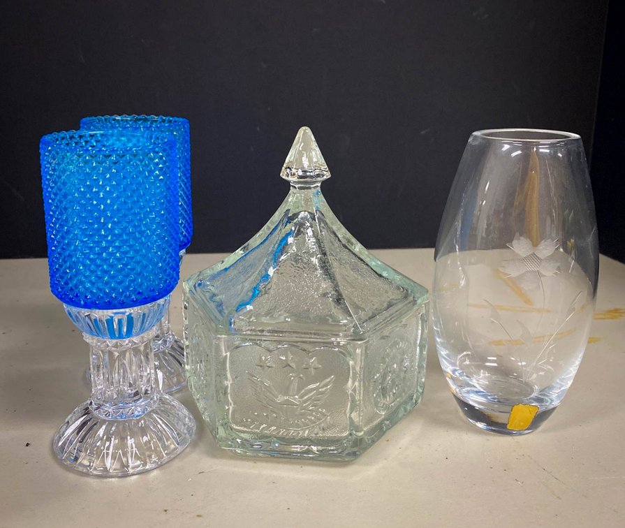 Glassware Lot Including Blue Hobnail Candleholders, Crystal Vase, and Glass Candy Dish