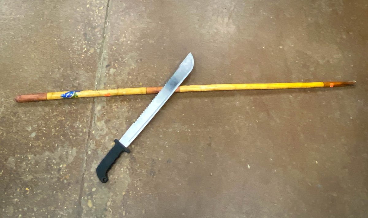 Wooden Staff With Painted Detail and Serrated Machete