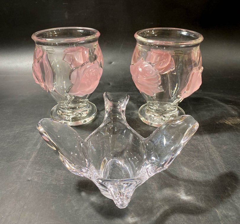 Two French Crystal Vases with Pink Floral Design and Clear Glass Decorative Bowl
