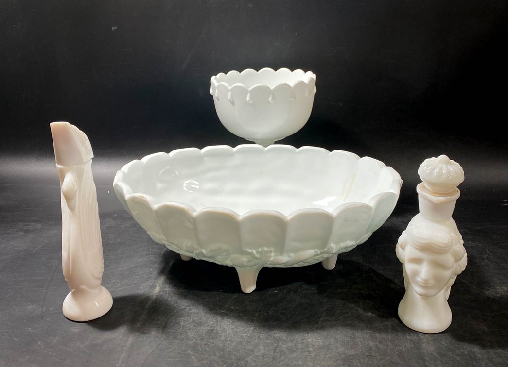 Milk Glass Avon Decanters, Compote, and Bowl Collection