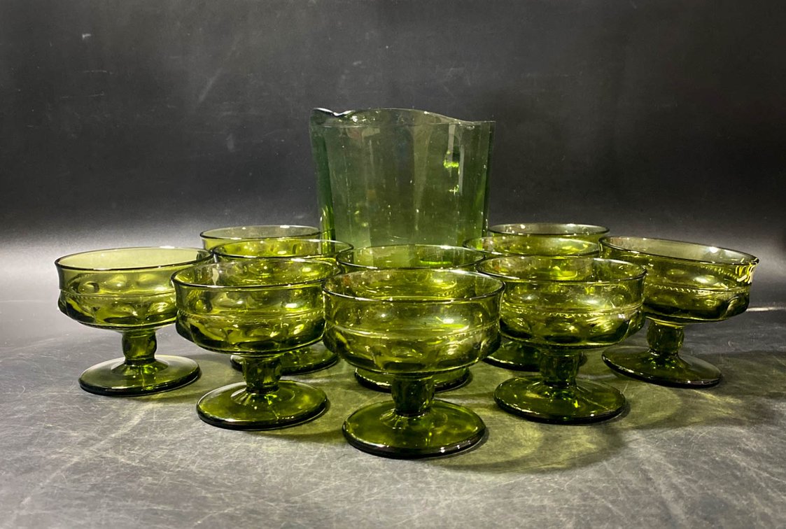 Green Glass Pitcher with 8 Matching Glasses Set