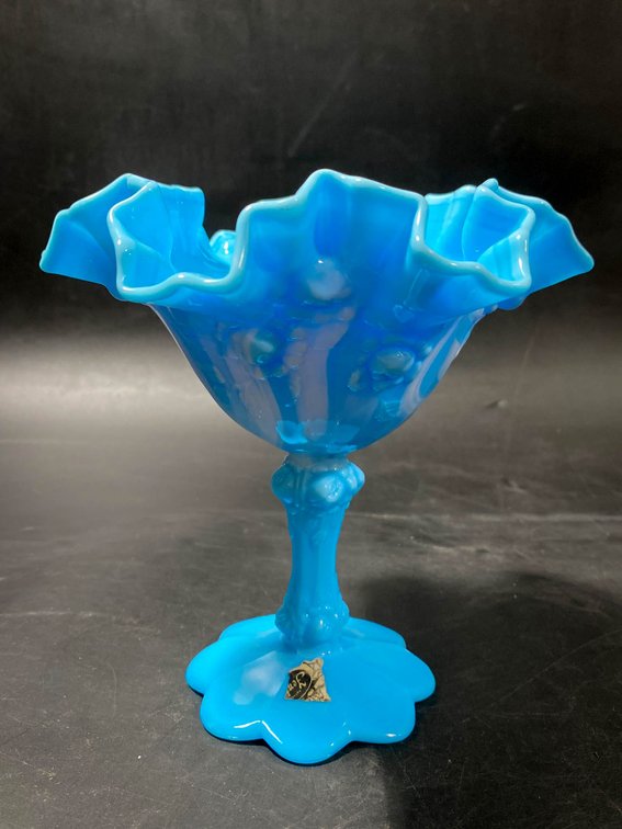 Fenton Opalescent Glass Compote with Ruffled Edges and Scalloped Base