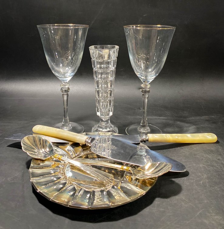 Glassware, Knives, Spoons, and Metal Plates