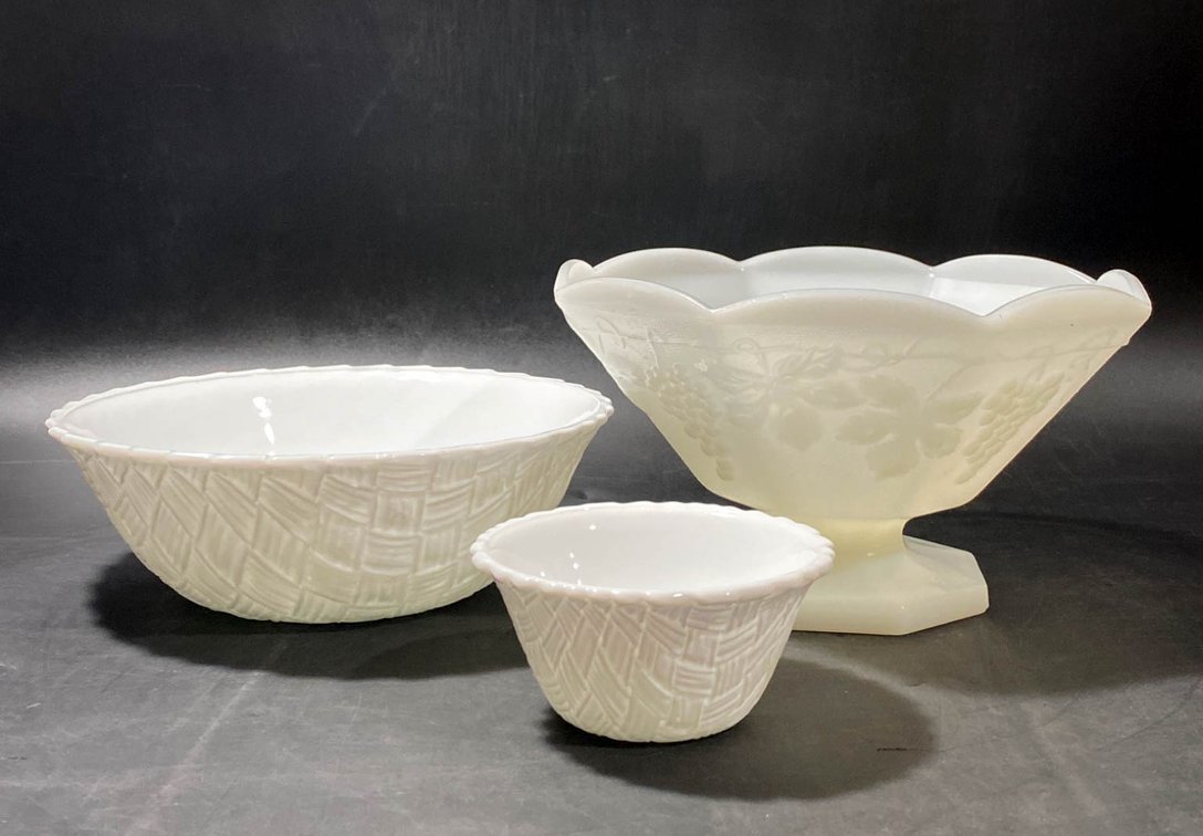 Three White Milk Glass Bowls with Textured and Floral Details