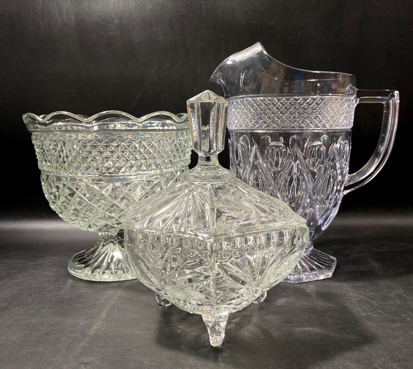 Three Pressed Glass Items: Pitcher, Compote, and Lidded Dish