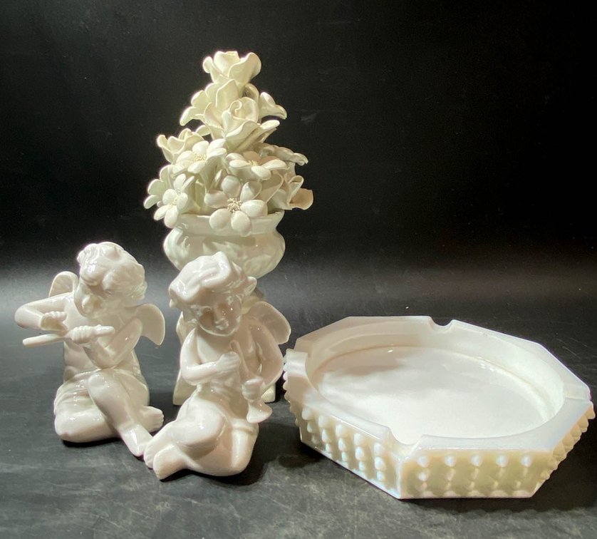 White Ceramic Figurines and Dish Including Floral, Cherub, and Octagonal Designs