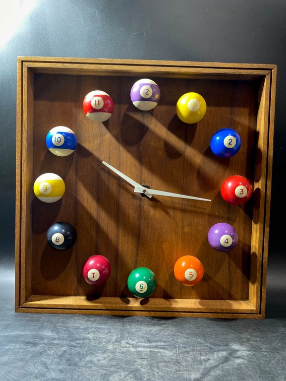 Wall Clock with Billiard Ball Design and Wooden Frame