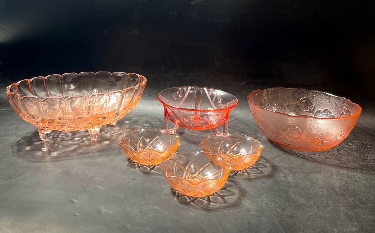 Pink Depression Glass Bowls with Floral Patterns