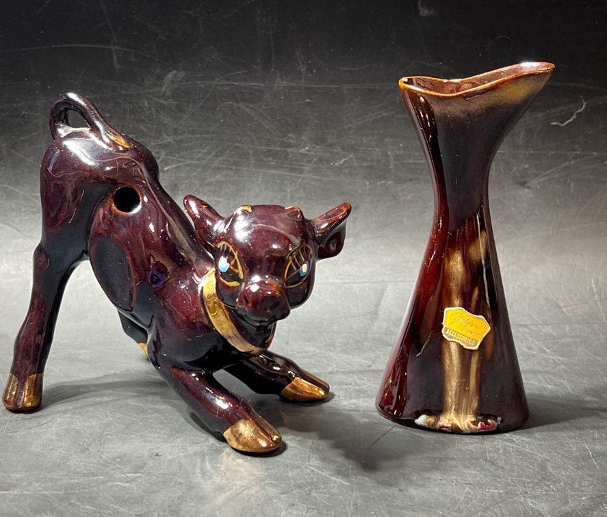 Van Briggle-Style Ceramic Calf and Vase Set Golden Bronze Accessories Japan 