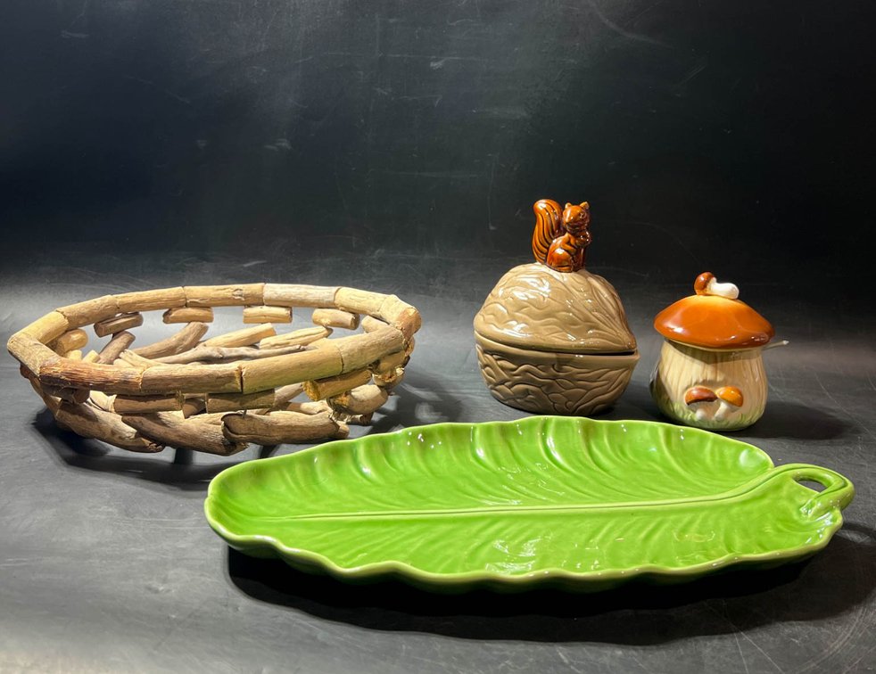 Decorative Tableware: Olfaire Leaf Platter, Driftwood Basket, and Ceramic Containers
