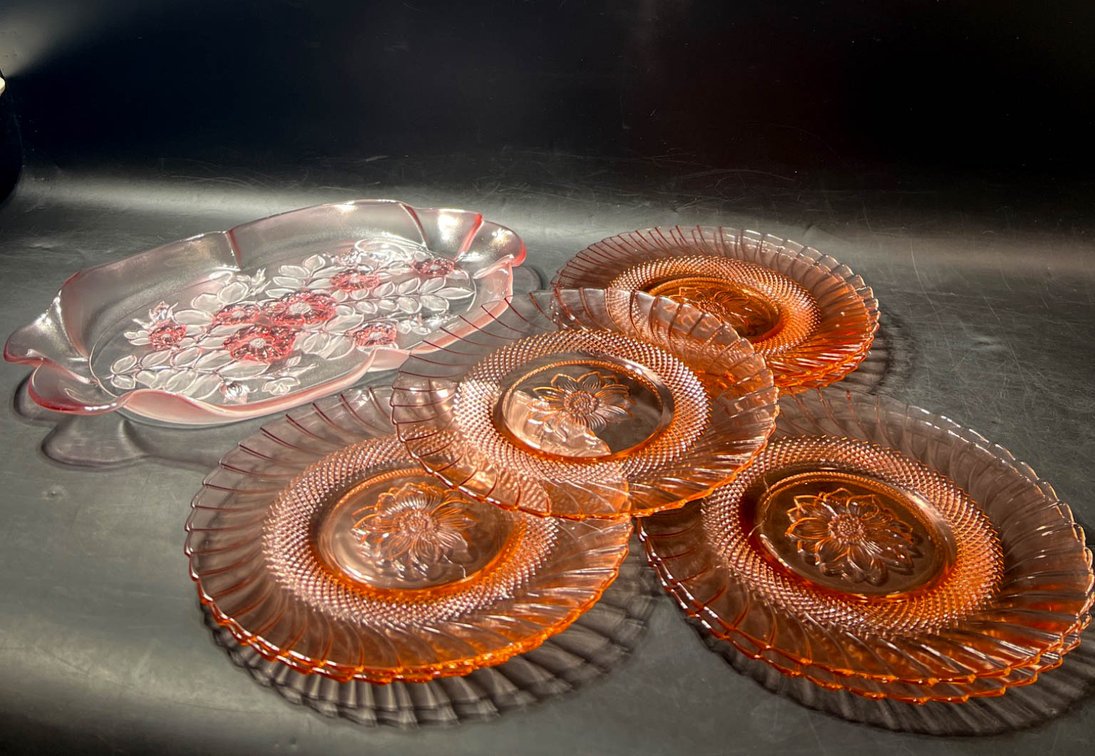 Pink Depression Glass Platter and Plates Set with Floral Designs