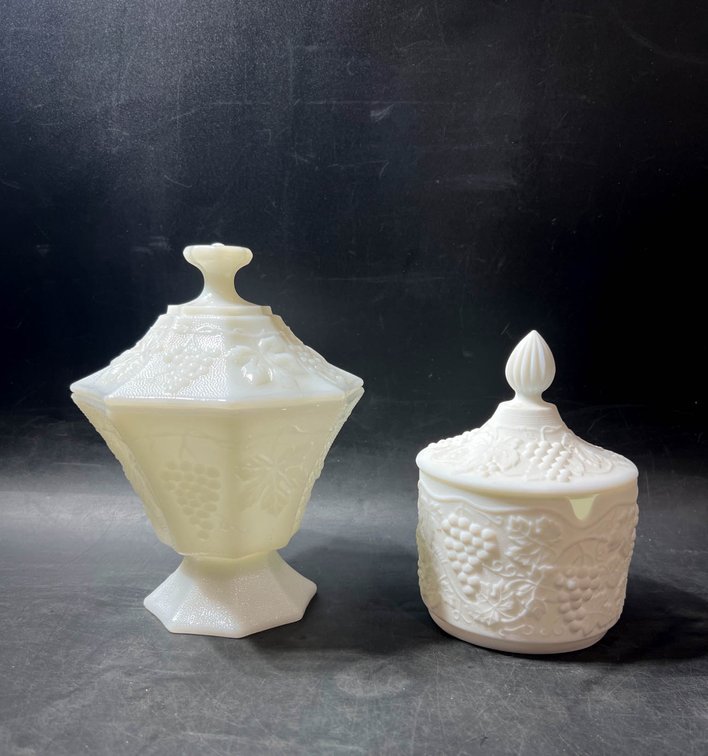 Milk Glass Lidded Candy Dishes with Grape and Vine Motif