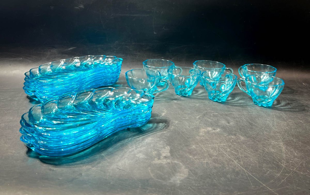 Blue Glass Snack Set with 12 Cups and 12 Shell-Shaped Plates