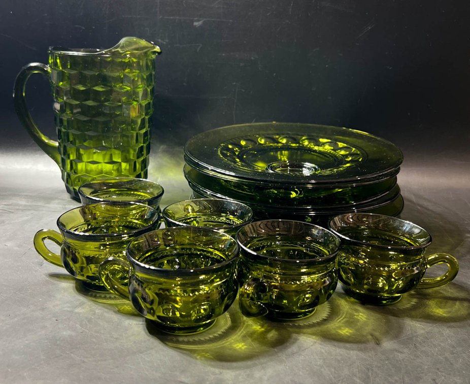 Green Glass Tableware Set with Pitcher, Plates, Cups, and Hat-Shaped Toothpick Holders