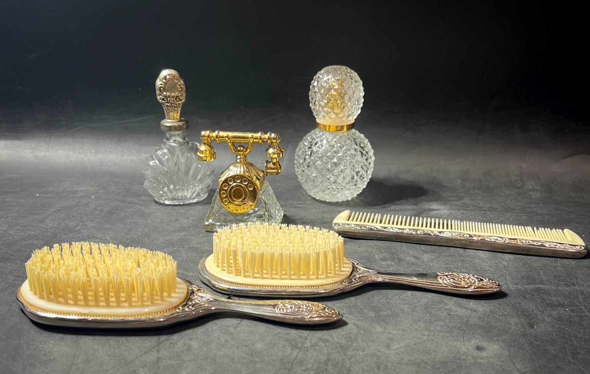 Decorative Vanity Set with Silver-Toned Brushes, Comb, and Avon Perfume Bottles