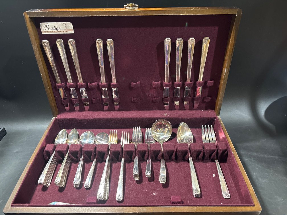 Prestige Silver Plate Flatware Set in Wooden Box