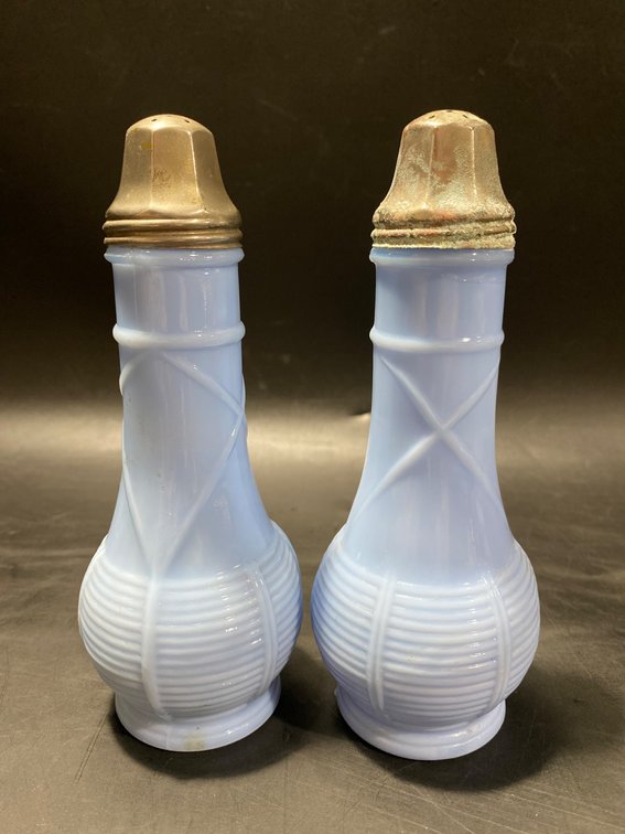 Blue Milk Glass Shakers with Metal Lids