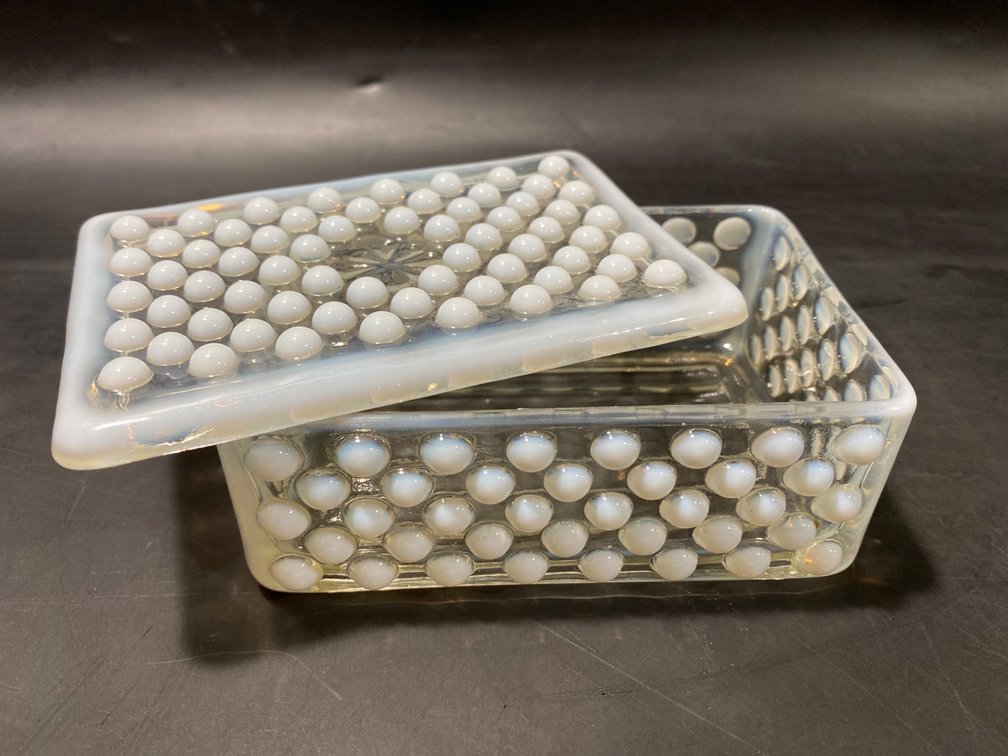 Opalescent Glass Hobnail Rectangular Covered Dish