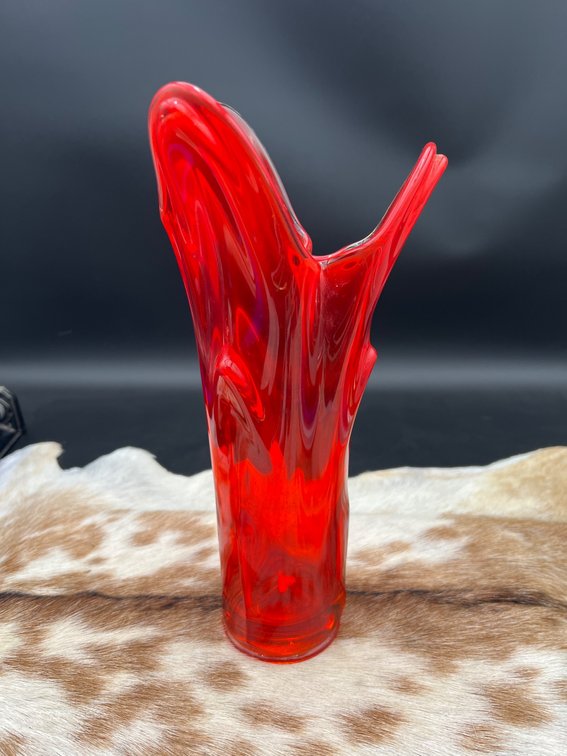 Retro Red Glass Vase With Unique Swirled Form, 5.5” Wide