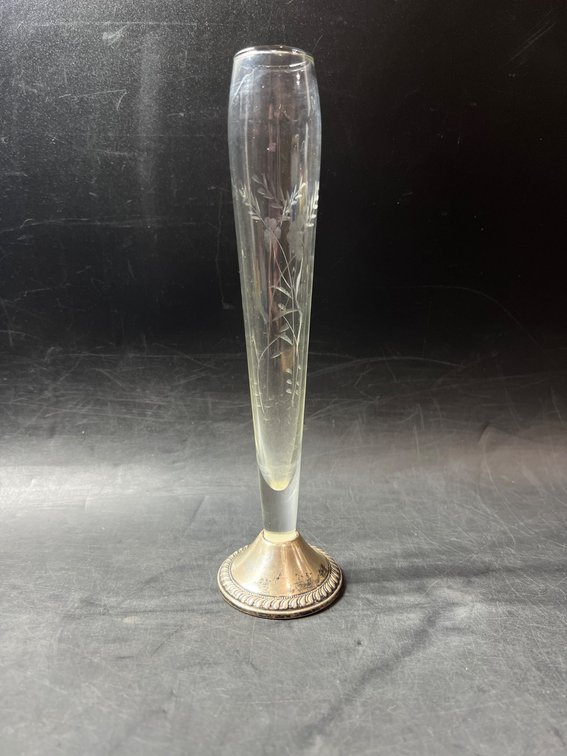 Sterling Weighted Duchin Creation Bud Vase with Etched Glass