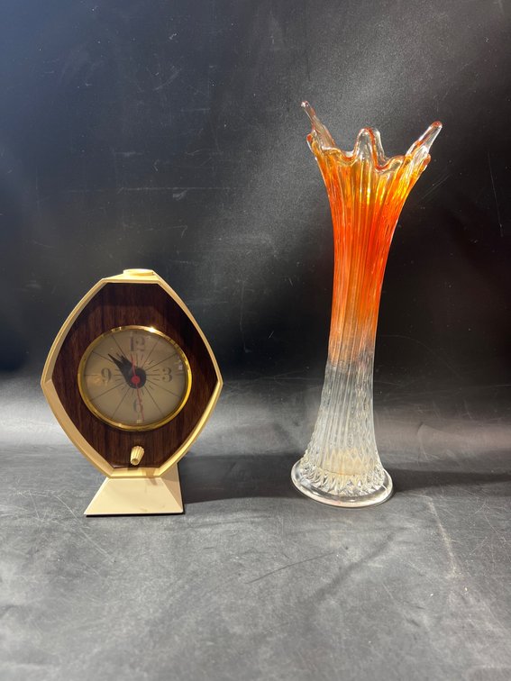 Vintage Glass Vase and Desk Clock With Wood Grain Finish