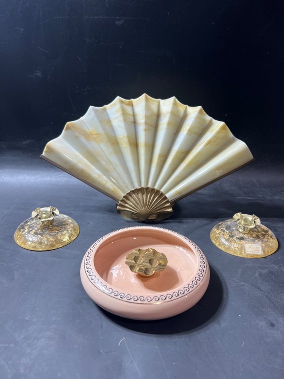 Decorative Brass and Resin Set Featuring Fan Sculpture and Bowl with Floral Accents