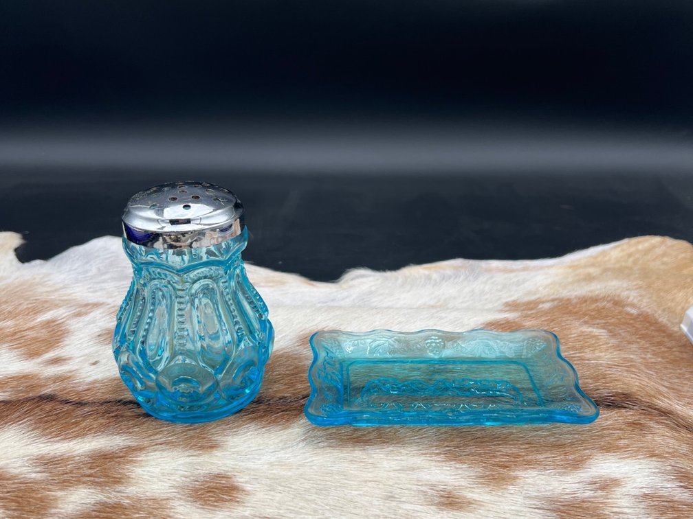 Blue Glass Salt Shaker and Rectangular Tray with Uranium Glow