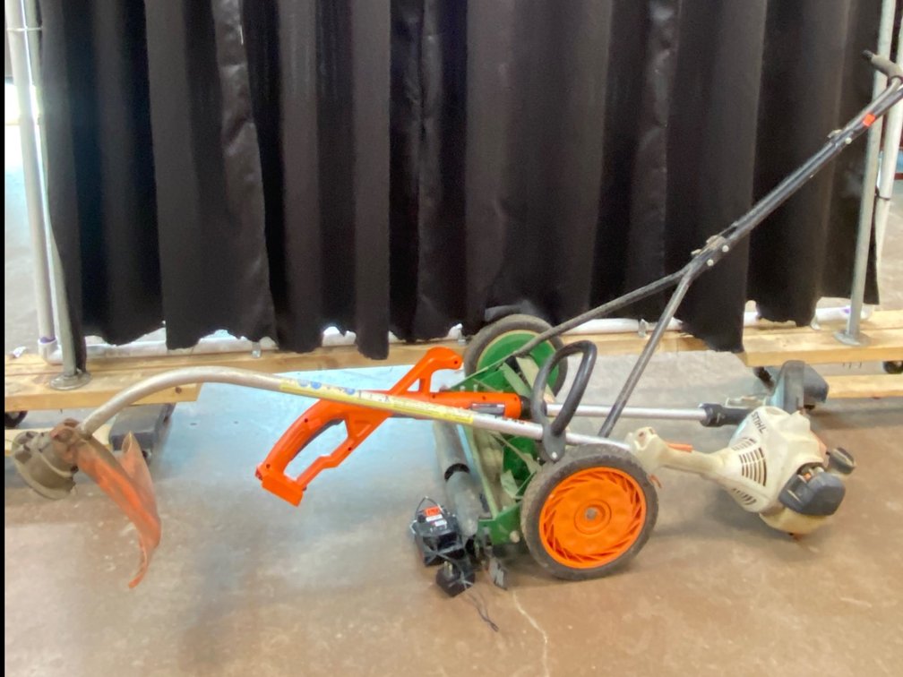 Lawn Care Tools Including Scotts Reel Mower, Gas and Electric String Trimmers