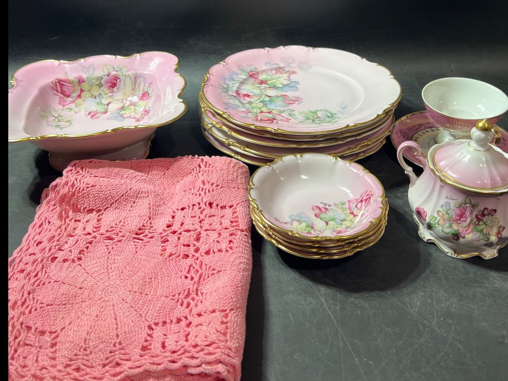 Imperial Germany Fine China Pink Floral Dish Set with Crochet Blanket