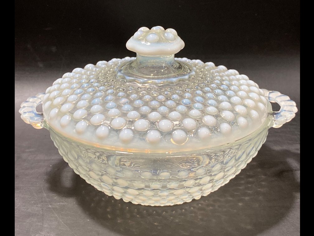 Hobnail Opalescent Glass Covered Dish with Handles
