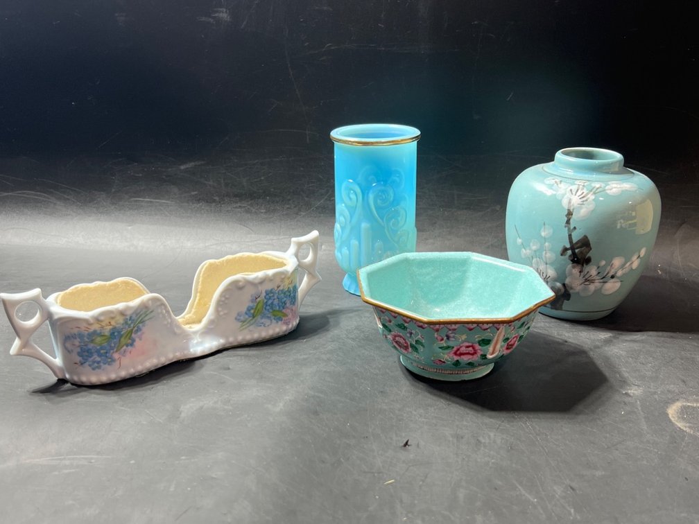 Blue Decorative Ceramics and Glass Pieces, Including Avon Glass Vase