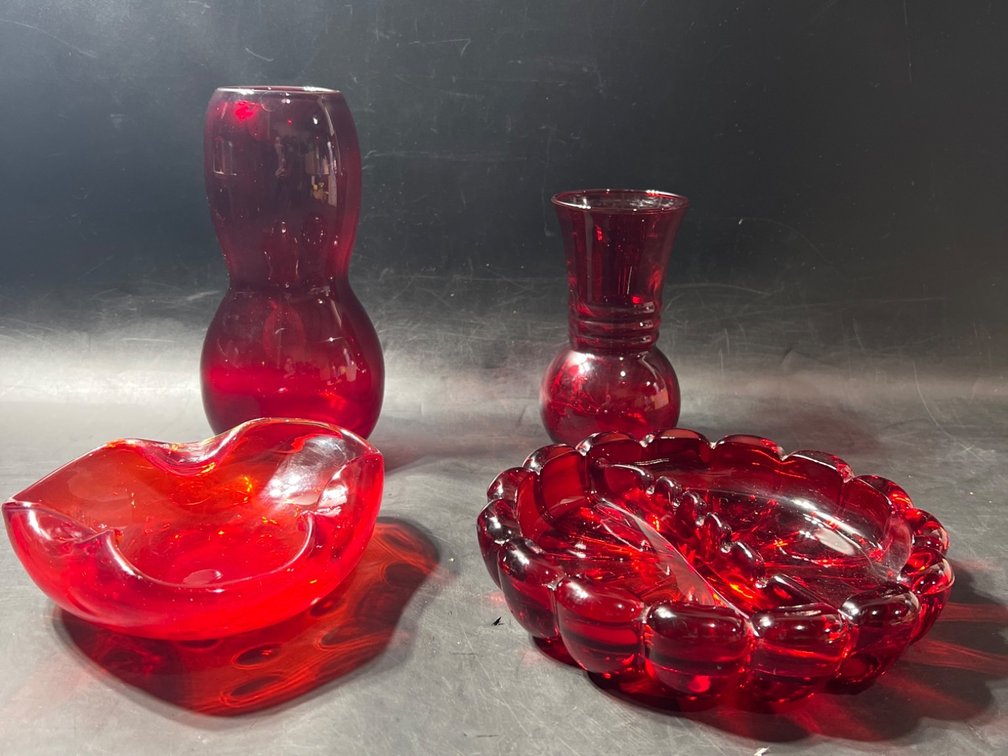 Four Ruby Red Glass Items Including Vases and Bowls