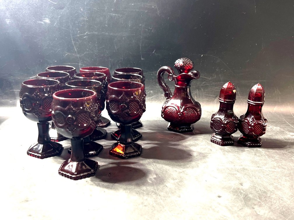 Ruby Red Glass Clear Paneled Thumbprint Set with Decanter, Salt & Pepper Shakers, and Goblets