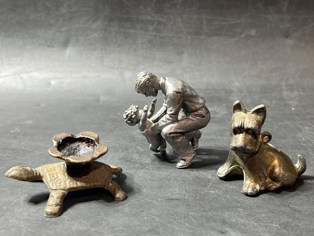 Three  Figurines Including Brass Dog, Father and Child, and Turtle Dish