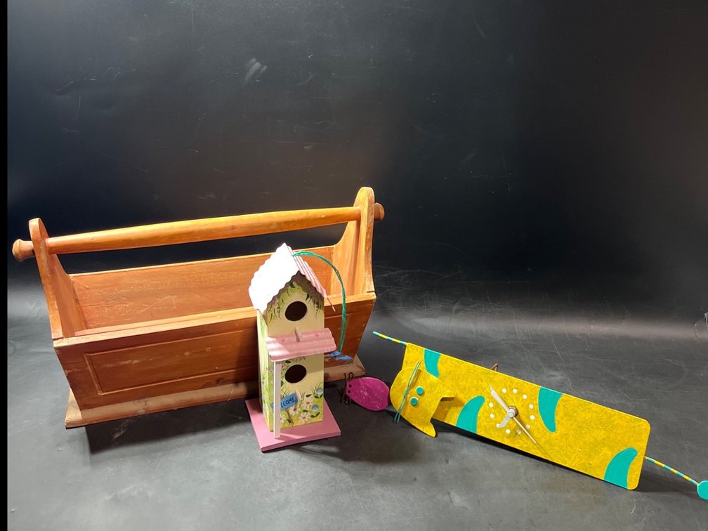 Wooden Carrying Tray, Painted Birdhouse, and Metal Wall Art Cat Clock