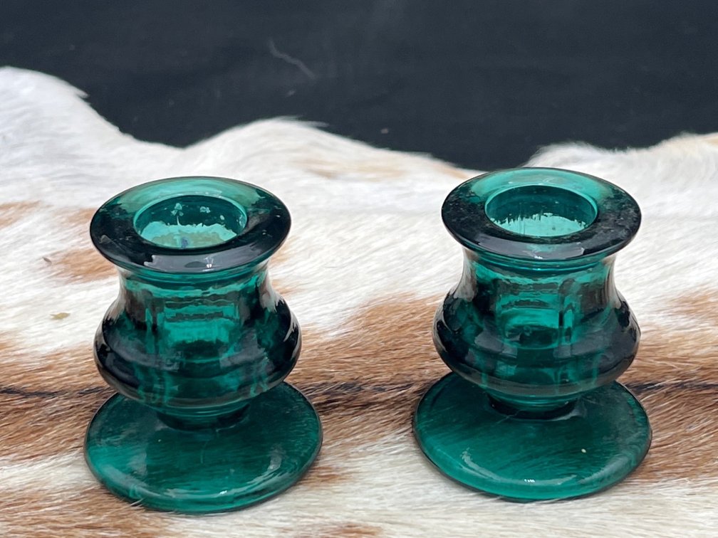 Glass Candleholders With Green Glow