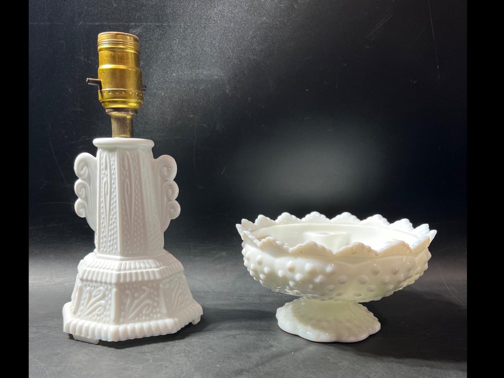 Fenton White Milk Glass Hobnail Bowl and Lamp Base