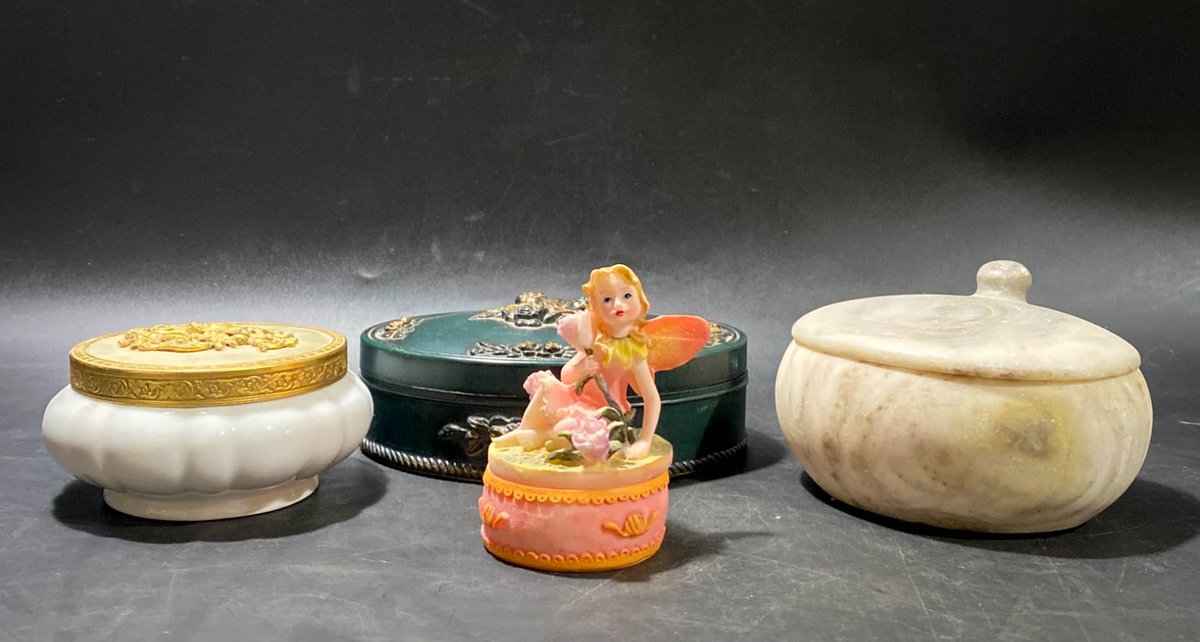 Four Decorative Lidded Boxes in Varied Materials and Styles