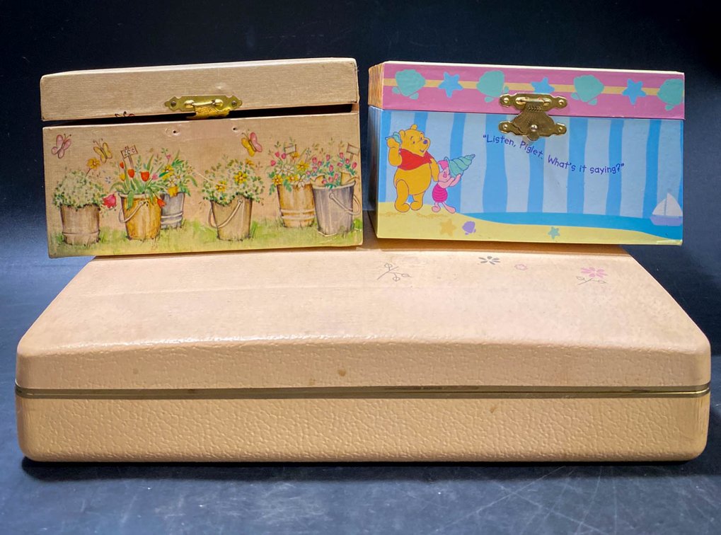 Three Decorative Jewelry and Music Boxes with Winnie-the-Pooh and Floral Designs