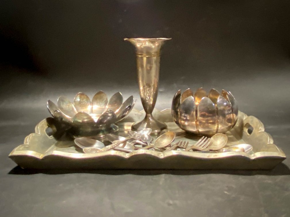 Silver-Plated Tableware Including Tray, Vase, Bowls, and Utensils