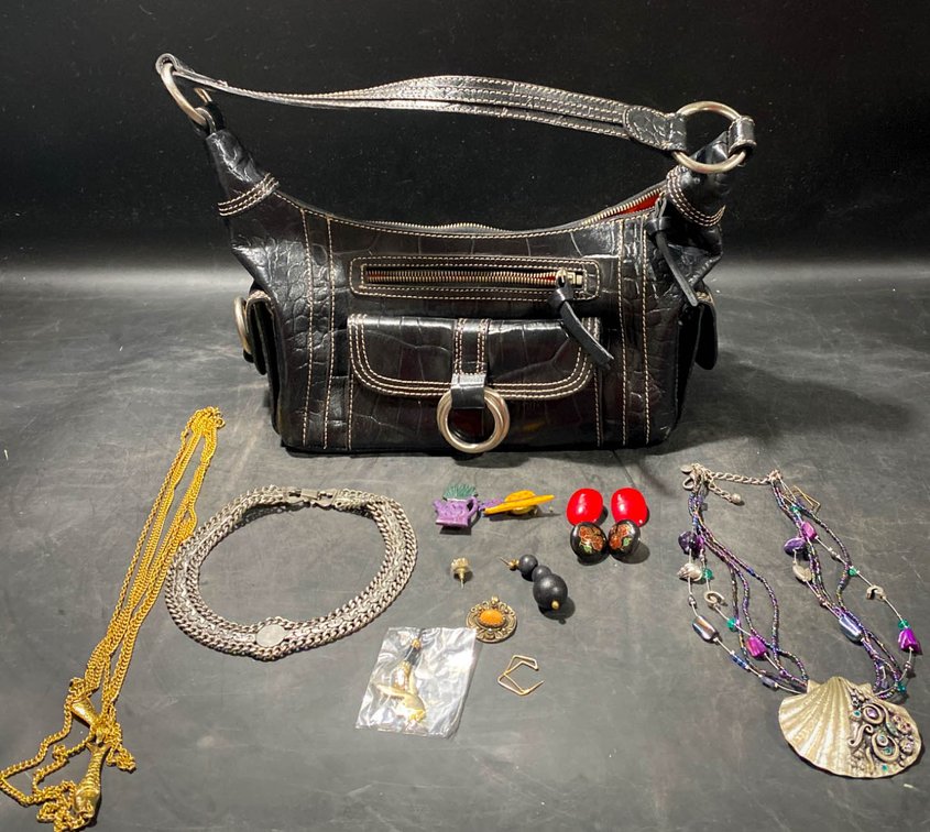Black Faux Crocodile Handbag With Assorted Jewelry