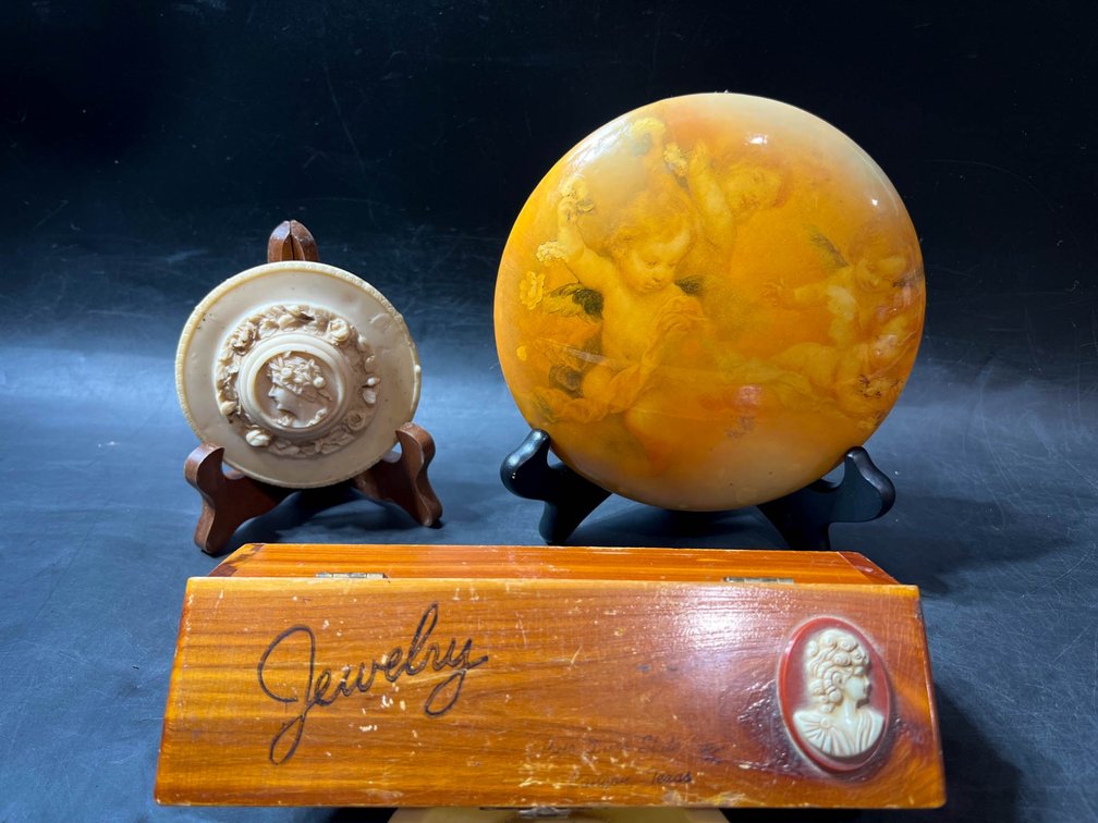 3 Decorative Boxes Including Wooden Jewelry Box and Two Lidded Containers