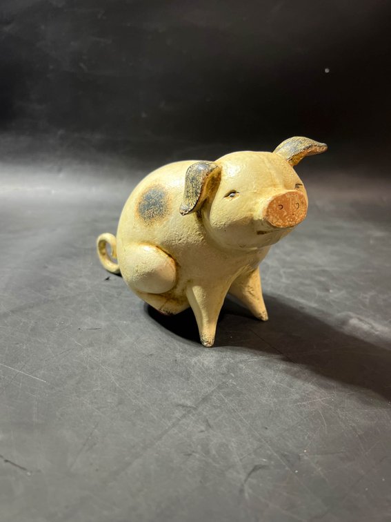8” x 4” Heavy Metal Pig Figurine with Spotted Design