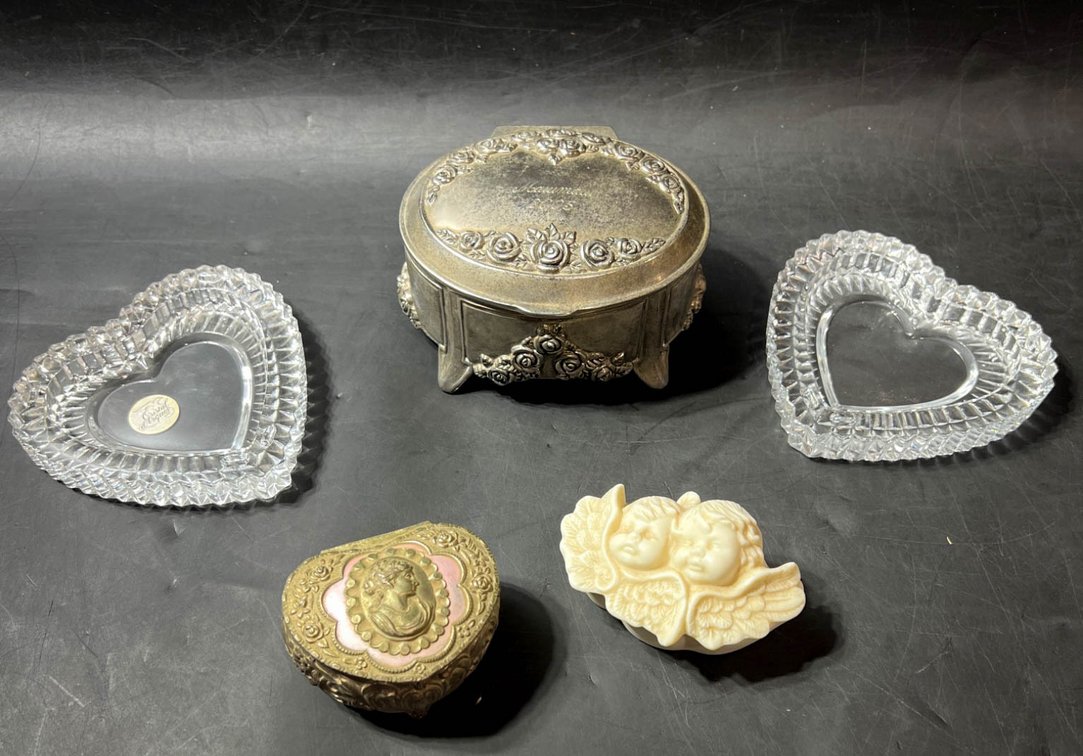Decorative Items Including Jewelry Boxes and Heart Crystal Trays