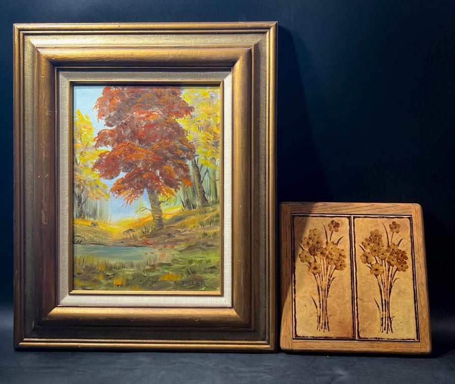 Framed Oil Landscape Signed ‘Turner’ and Floral Tile Plaque