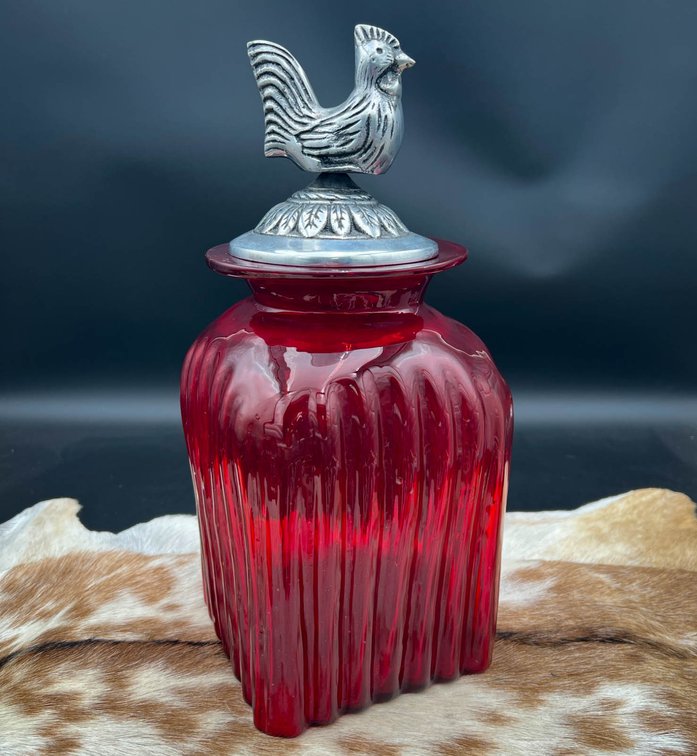Red Glass Jar With Heavy Pewter Chicken Finial Lid